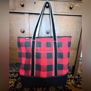 Lands End 5 Pocket Open Top Canvas Tote Black Red Plaid Large Bag